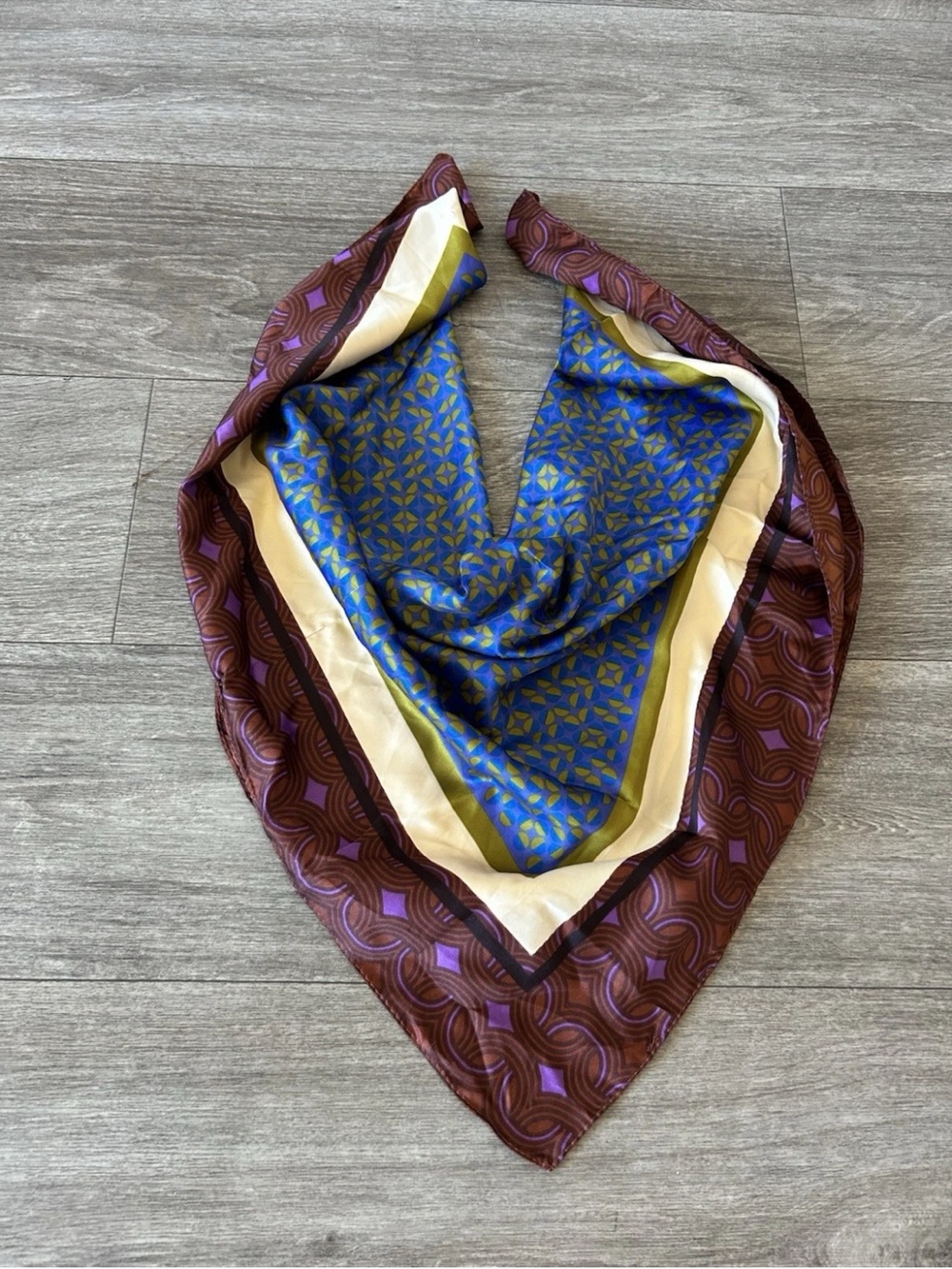 Zara Square Scarf Geometric Print Satin 27.5” Blue Brown Retro Headscarf